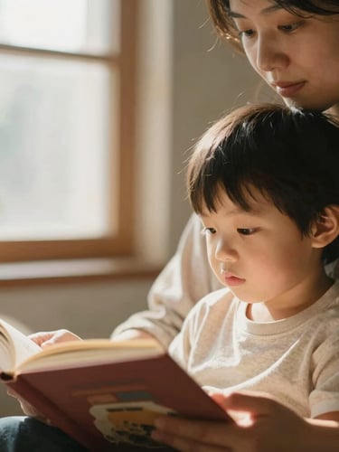 Medium close-up of a parent and young child reading a physical book together in a warm, sunlit room, soft natural window light, shallow depth of field, 35mm.