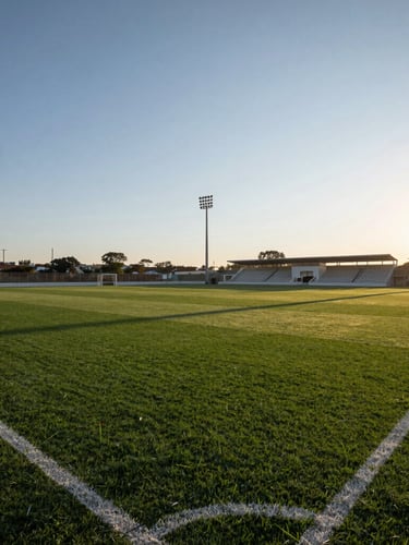Low-angle wide shot of a modern green football pitch in Pompiano at sunset, dramatic late-afternoon stadium floodlights casting long shadows, deep green turf, clear sky.