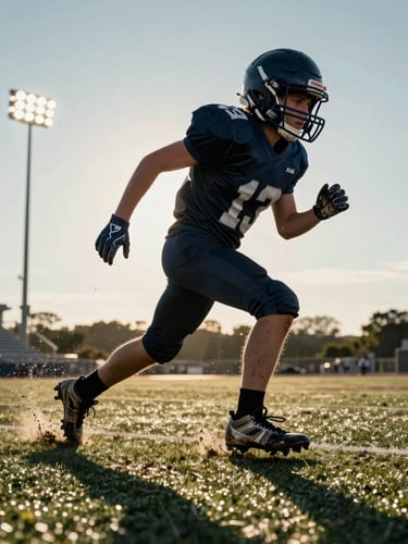 Low-angle action shot of a young football player mid-stride on wet turf, mud splashing from boots, dramatic late-afternoon stadium floodlights casting long shadows, intense focus.