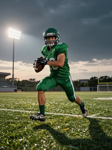 Low-angle action shot of a young football player in a green jersey sprinting with the ball on a lush turf pitch, dramatic late-afternoon stadium floodlights casting long shadows, high contrast.