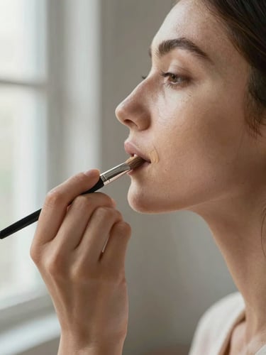 Close framing from the side, soft window light, a makeup artist's hands blending foundation along a client's jawline on medium-deep skin, clean neutral studio background, brushes visible at the edge of frame, sharp detail on the application stroke