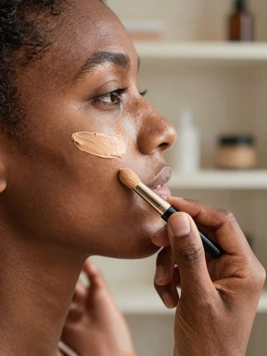 Extreme close-up, left-aligned composition — artist's hands blending foundation along a jawline on deep brown skin, soft natural window light raking across the skin surface revealing texture and technique, neutral warm-white studio shelf background, documentary framing