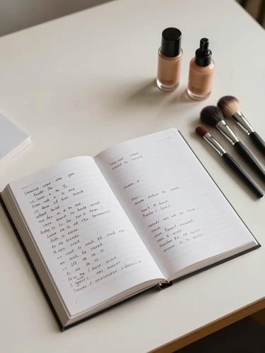 Overhead documentary shot, soft diffused studio light, an open ebook manuscript and handwritten notes arranged on a warm off-white desk surface alongside a row of makeup brushes and two small foundation bottles, intentional flat-lay composition, no hands, quiet and purposeful
