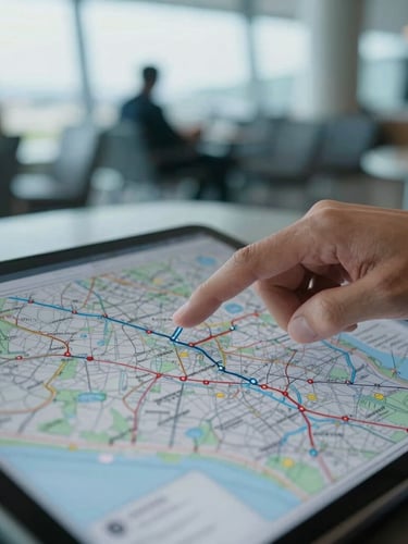Close-up of a hand pointing at a complex flight route map on a tablet, with a blurred background of an airport lounge, natural daylight, soft blue and cool gray tones, cinematic, 35mm lens.