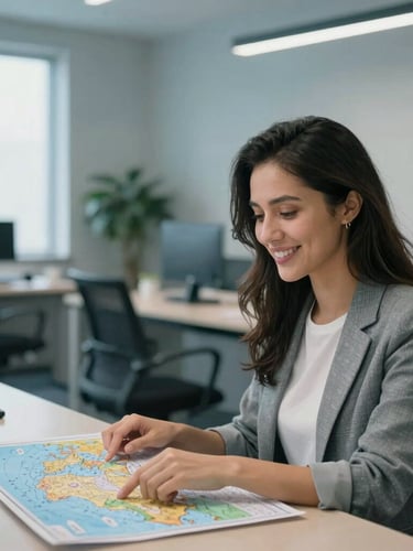 Uma consultora de viagens sorrindo, apontando para um mapa-múndi em um escritório moderno com tons de azul e cinza, luz natural, estilo editorial de viagem.