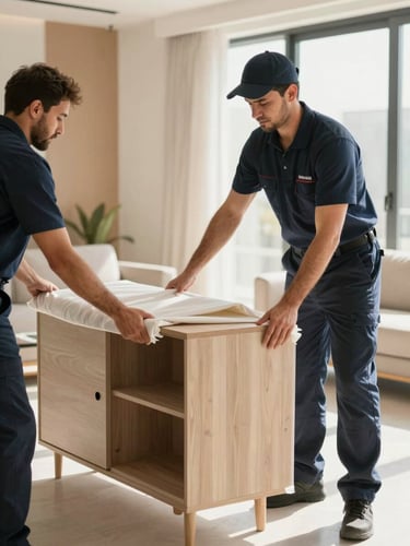 Professional mover in clean navy uniform carefully wrapping a modern wood cabinet with thick protective padding, bright natural daylight, sharp focus, 35mm