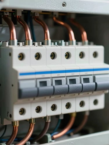 Macro close-up of newly wired breaker panel, perfectly aligned copper conduits, crisp work-site lighting, high contrast