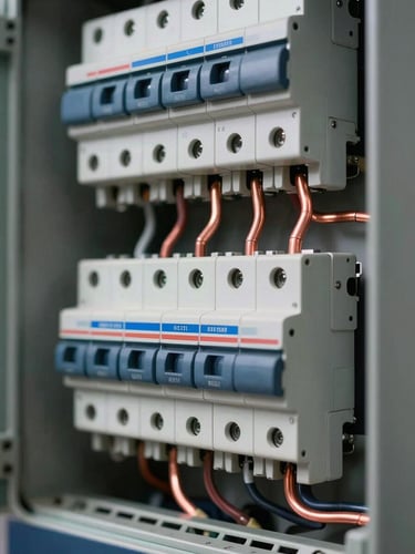 Macro close-up of a newly wired electrical breaker panel, perfectly routed copper conduits, crisp high-contrast work-site lighting, industrial precision.