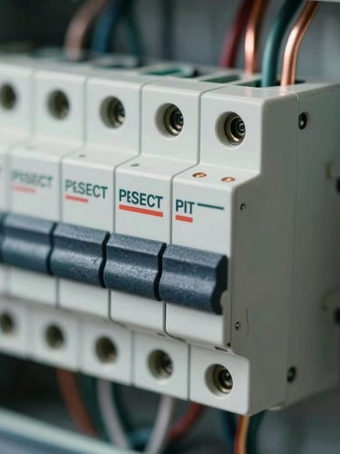 Macro close-up of a perfectly wired modern circuit breaker panel, clean copper lines, high-contrast technical lighting
