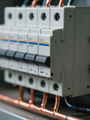 Macro close-up of a newly wired commercial breaker panel, clean copper conduit runs, sharp technical alignment, high-contrast work-site lighting.