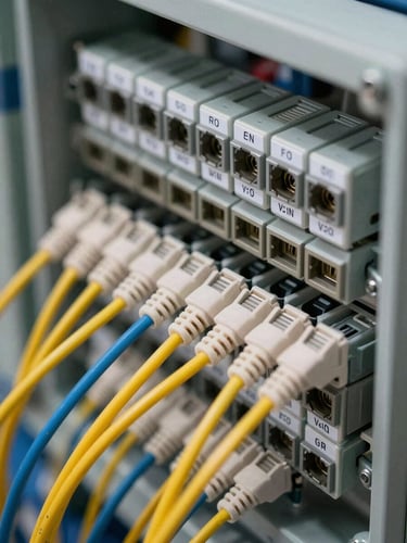 Close-up overhead of structured cabling termination panel, fiber patch cables neatly routed and labeled in a wall-mounted enclosure, practical workshop lighting revealing cable color coding and connector detail, no people