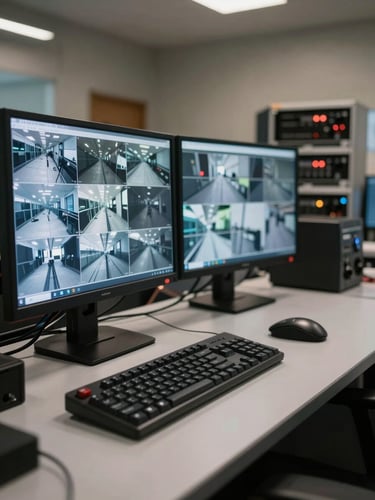 Wide environmental shot of a control room workstation showing dual monitors with live surveillance feeds displayed, task lighting from above illuminating keyboard and desk surface, equipment rack partially visible in background to the right