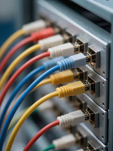 Close-up wide frame of fiber optic terminations in a patch panel, multiple colored fiber cables neatly dressed and terminated under cool task lighting, steel rack visible in right background, shallow depth of field isolating connector detail