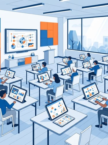 A bright minimalist digital classroom with organized document layouts and tablets showing structured worksheets, corporate blue and vibrant orange color scheme, clean vector illustration style.