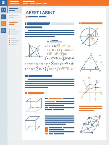 A clean vector illustration of a structured MS Word document layout with mathematical equations and geometric diagrams, in corporate blue and safety orange.