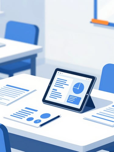 Bright modern Indian classroom with digital tablet, clean organized academic documents on a desk, high-key lighting, professional corporate blue and orange accents