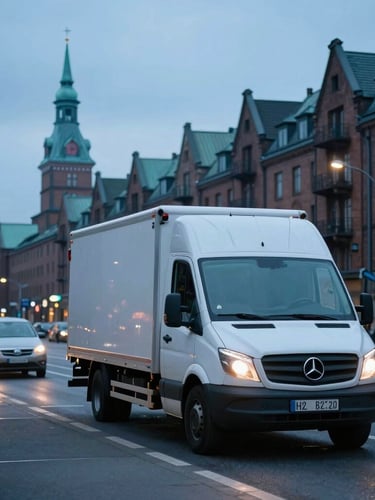 Modernes NoonMove Lieferfahrzeug auf einer Hamburger Straße bei kühlem Morgenlicht, im Hintergrund Speicherstadt. Dynamische Weitwinkelaufnahme.