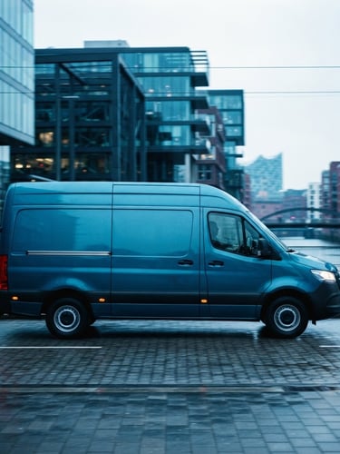 Modern transport van driving through a clean, architectural Hamburg city street at cool morning daylight, focused on the side of the van, blurred background, deep blue and turquoise tones, sharp focus, 35mm, wide angle.