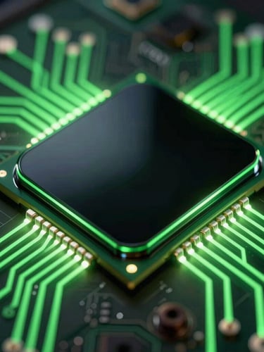 Extreme close-up of a high-end mobile processor schematic glowing with neon green circuit traces, dark glass reflections, highly technical, 35mm.