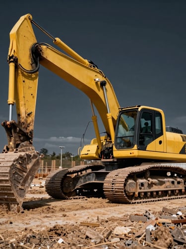 Low-angle heroic shot of a heavy yellow excavator in motion on a cleared construction site in Campinas, harsh high-contrast daylight, industrial editorial photography