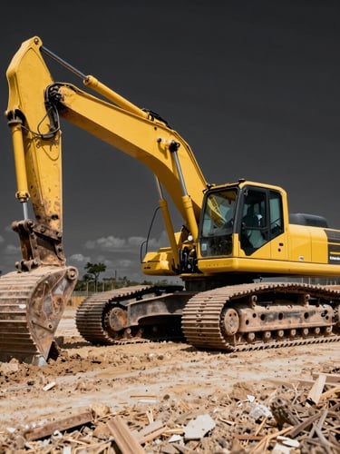 Low-angle heroic shot of a heavy yellow excavator in motion on a freshly leveled construction site in Campinas, harsh high-contrast daylight, sharp focus, 35mm