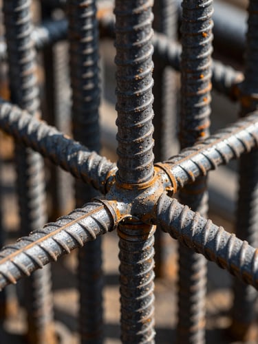 Extreme close-up of structural steel rebar joints, bright midday sun highlighting dust and steel textures, industrial editorial photography, sharp focus, 35mm