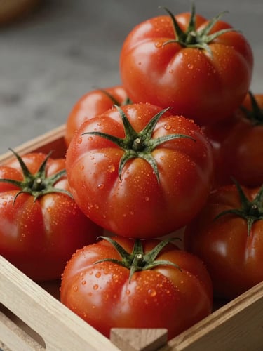 Close-up of vibrant red heirloom tomatoes stacked in a wooden crate, gentle side-lighting highlighting textures.