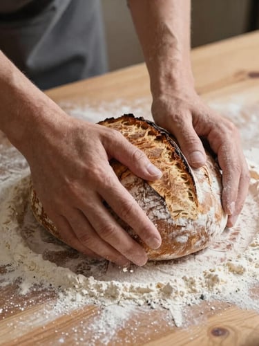 A close-up, Scandinavian-style daylight shot of hands kneading rustic sourdough on a flour-dusted wooden table, soft side-lighting, organic shadows.