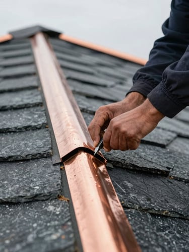 Close-up of a roofing craftsman in professional gear installing a clean, sharp copper flashing joint on a slate roof, natural overcast daylight, focus on texture and precision.