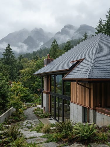 Low-angle architectural shot of a modern home with a pristine dark slate roof against a misty North Vancouver mountain backdrop, overcast daylight, 35mm lens.