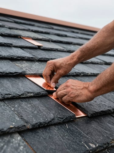 Close-up of a professional roofer installing dark slate tiles with copper flashing, precise hand alignment, crisp natural overcast light, focus on textures