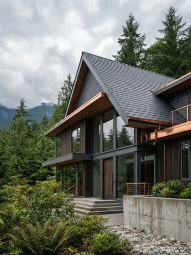 Low-angle architectural shot of a modern home in North Vancouver with a dark slate shingle roof, overcast coastal sky, clean lines, sharp details