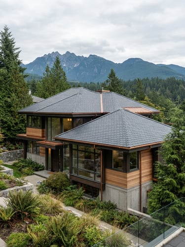 A stunning architectural home in North Vancouver with a newly installed slate roof, crisp overcast coastal daylight, clean rooflines against mountains