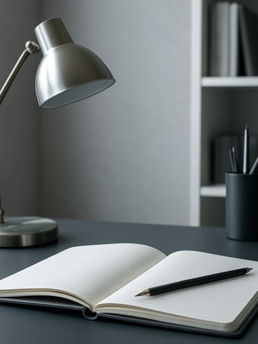 A sharp, close-up architectural photograph of a modern, organized home office desk with a metallic lamp and structured notebook in cool natural daylight.