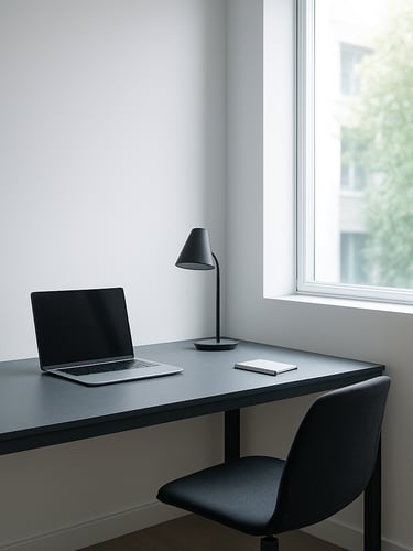 Crisp architectural photography of a minimalist home office with clean lines, slate gray desk, cool natural daylight streaming through a large window, 35mm lens