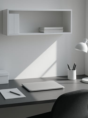 Crisp architectural photography of a highly organized minimalist home office, cool natural daylight casting sharp shadows on a slate gray desk, 35mm lens