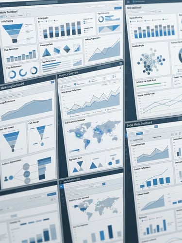 High-fidelity abstract UI wireframe showing website, email, SEO, social media, and analytics dashboards, clean tech photography, bright high-key studio lighting, crisp blue and slate accents, sharp focus, 35mm lens.