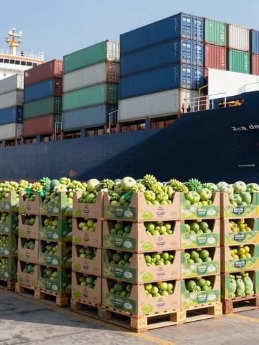 Bright industrial photography of a massive container ship at port, neatly stacked pallets of fresh produce in custom branded boxes being loaded under clear daylight.