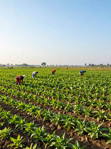 Wide shot of a vibrant Indian agricultural field at dawn, farmers working, rich soil, lush crops, bright natural daylight, 35mm
