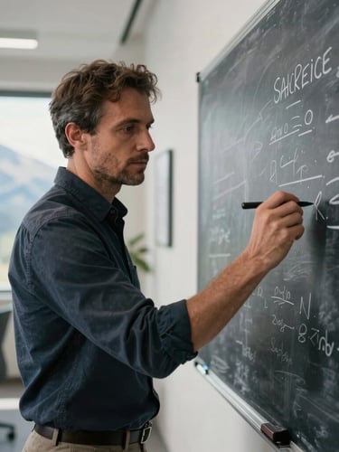 Intimate medium portrait of a male sales director in his late 40s, writing on a dark slate whiteboard, natural side-light casting soft shadows, crisp focus, minimalist Alpine office background.