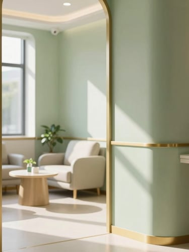 Serene and sunlit clinic interior, with elegant sage green and warm gold accents, a comfortable consultation area in the background, soft natural daylight.