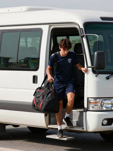 A clean academy transport shuttle parked in Ajman under bright afternoon sun, a young athlete boarding with a sports bag, focus on the door and athlete, action-oriented medium shot, 35mm lens