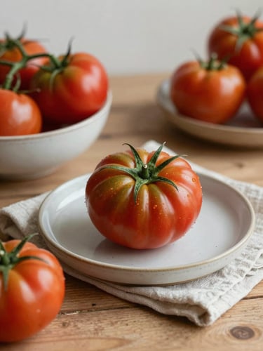 Soft natural side-light on a rustic wooden table with fresh heirloom tomatoes, ceramic bowl, linen napkin, cozy Scandinavian aesthetic, shallow depth of field, 35mm