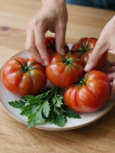 Overhead shot of hands styling a rustic plate of heirloom tomatoes and fresh herbs on a wooden table, soft natural side-light, shallow depth of field, 35mm