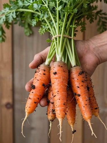 Soft natural daylight shot of a farmer's hands holding freshly harvested heirloom carrots with rich soil still on them, rustic wooden background, shallow depth of field, 35mm