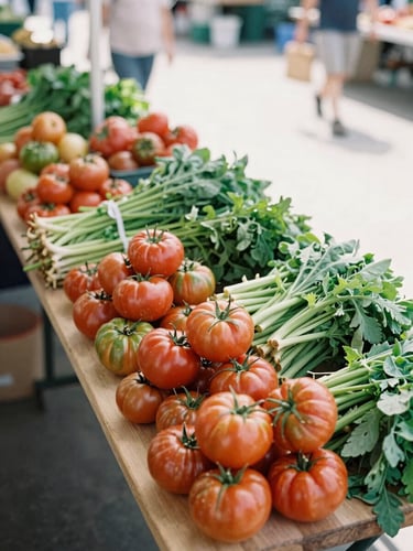 Overhead shot of a bustling local farmers market in a sunlit square, long wooden tables stacked with colorful heirloom tomatoes and fresh greens, soft natural side-light, 35mm.