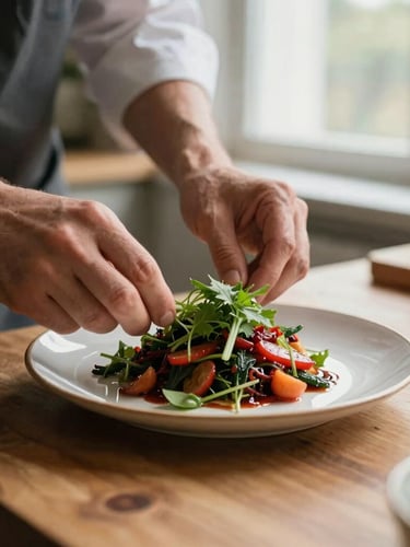 A close-up of a chef's hands styling a fresh plate of food on a wooden counter, soft natural window light, rustic Scandinavian kitchen, 35mm photography