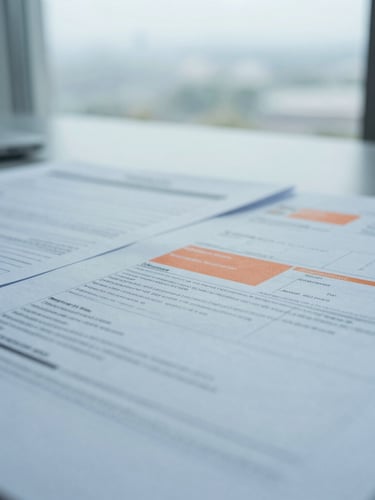 Close-up of structured legal documents and technical schematics on a desk, cool diffused overcast daylight, architectural framing, 35mm lens