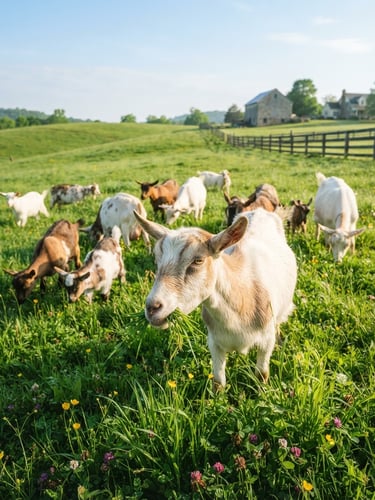 Bright natural photography of healthy goats grazing in a clean, spacious, sunlit green pasture under morning sunlight, sharp focus.
