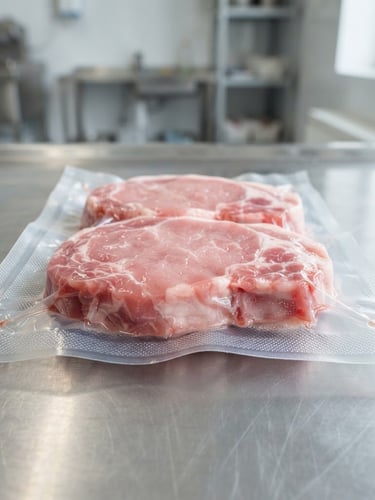 Detailed close-up of fresh, vacuum-packed pork chops on a clean stainless steel counter, bright morning sunlight, clinical agricultural setting, sharp focus